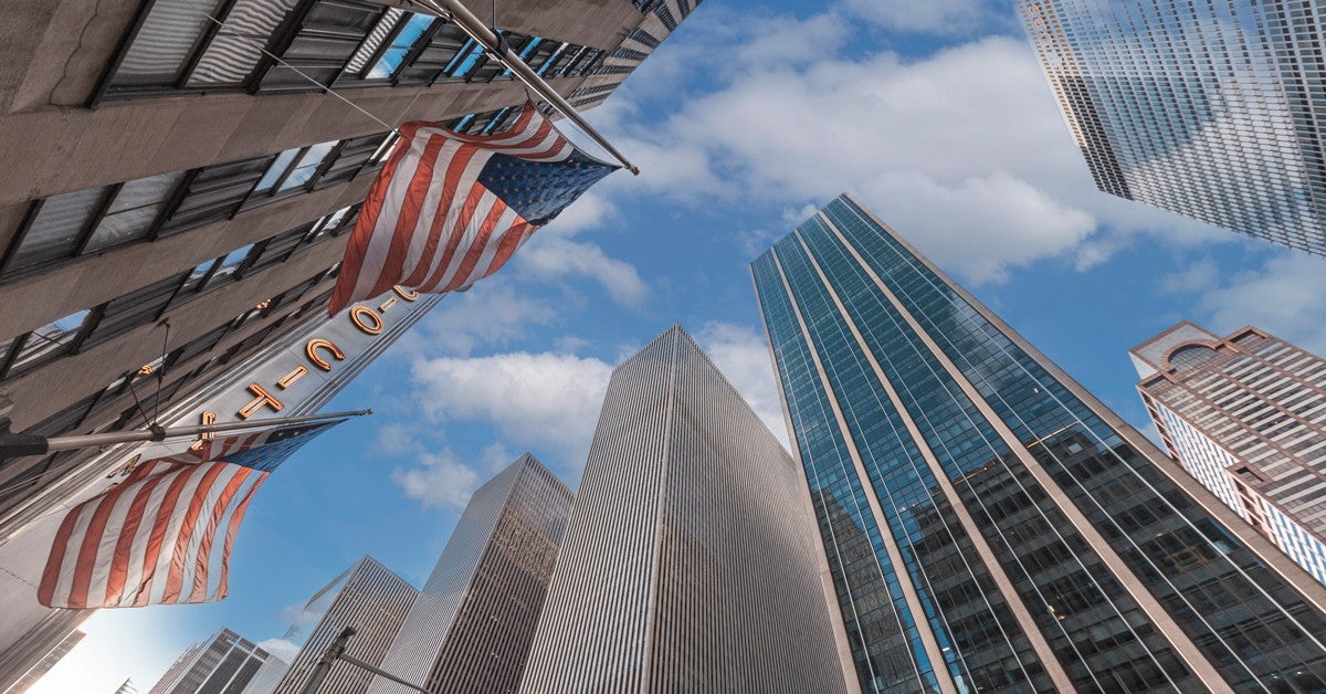 Skyscrapers and the American Flag. 