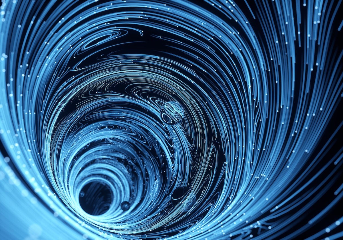 Digital generated image of blue glowing fiber splines making turbulence patterns on black background