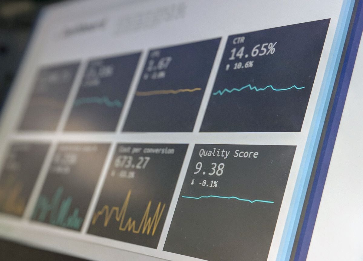 A digital marketing dashboard showing various performance metrics with line charts.