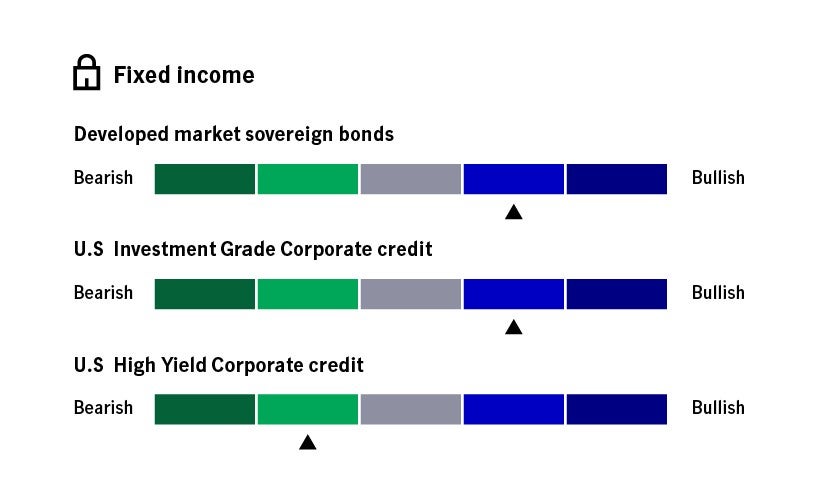 A simple infographic showing that the capital markets strategists have a slightly positive view of U.S. investment-grade corporate credit, a slightly negative view of U.S. high-yield debt, and a xx view of developed-market sovereign bonds.