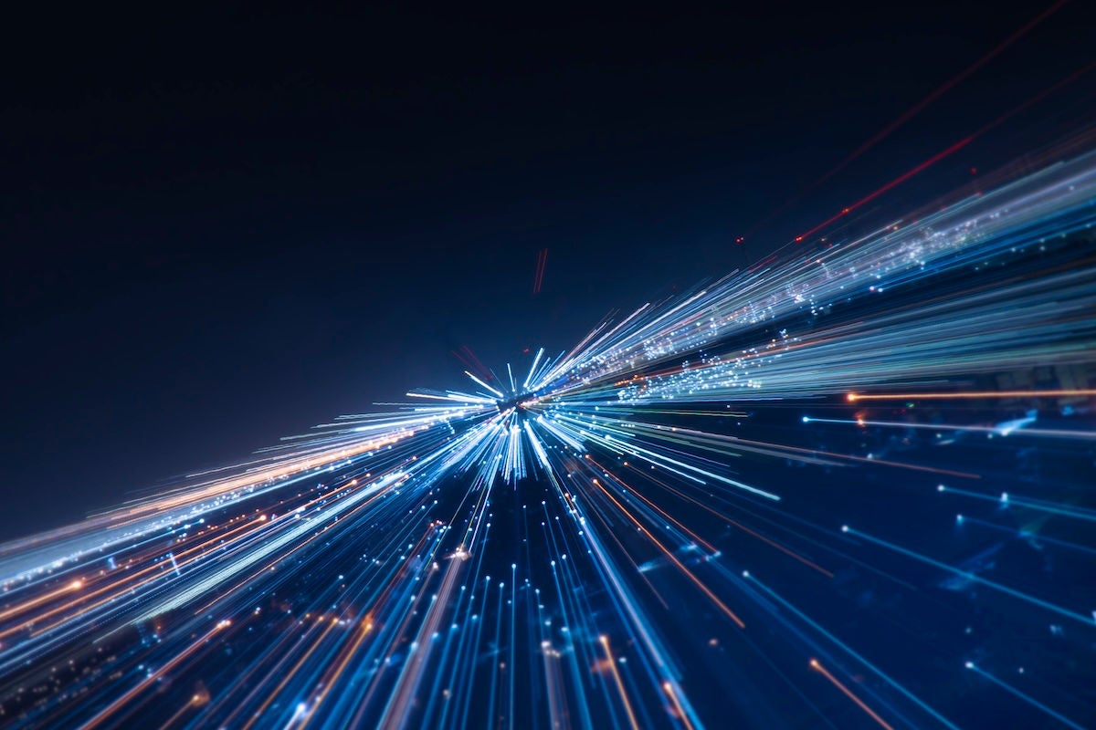 Speed lines trail from night city- lens effect. technology background