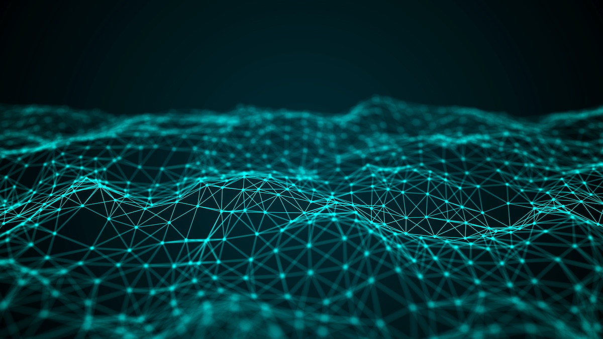 Wave of interlacing points and lines. Abstract background. Technological style for science, big data.3d rendering.