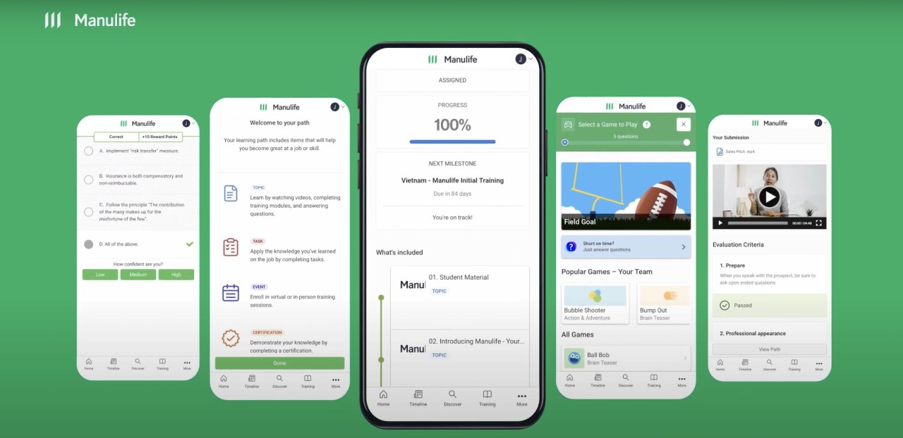 Screenshots  of  Manulife's  new application, ManuAcademy—a mobile-first learning management system—supports the development of an advisor’s career at all stages